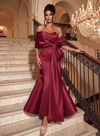 Trumpet/Mermaid Off-The-Shoulder Ankle-Length Satin Evening Dresses With Bow(s)