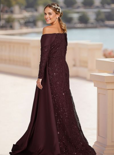 Off-The-Shoulder Long Sleeves Sweep Train Sequined Evening Dresses