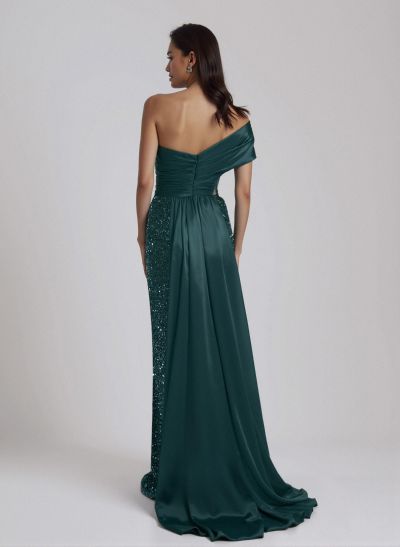 Sparkle Ruched One-Shoulder Illusion Corset Evening Dresses With Sweeping Drape