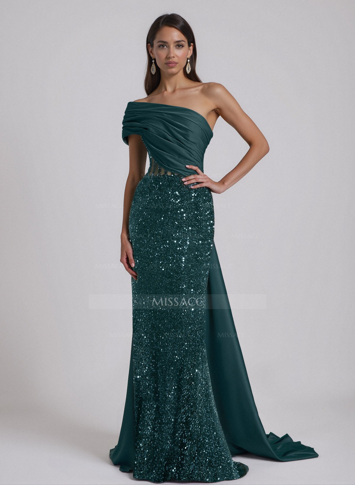 Sparkle Ruched One-Shoulder Illusion Corset Evening Dresses With Sweeping Drape