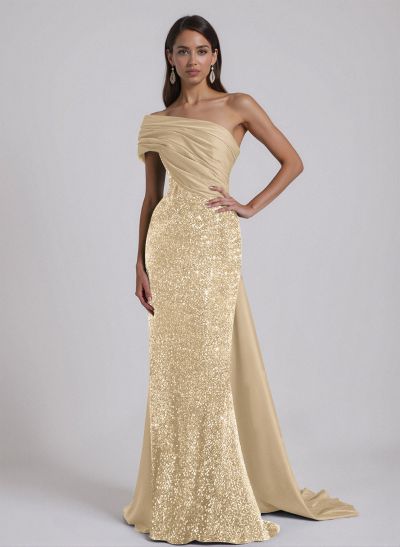 Sparkle Ruched One-Shoulder Illusion Corset Evening Dresses With Sweeping Drape