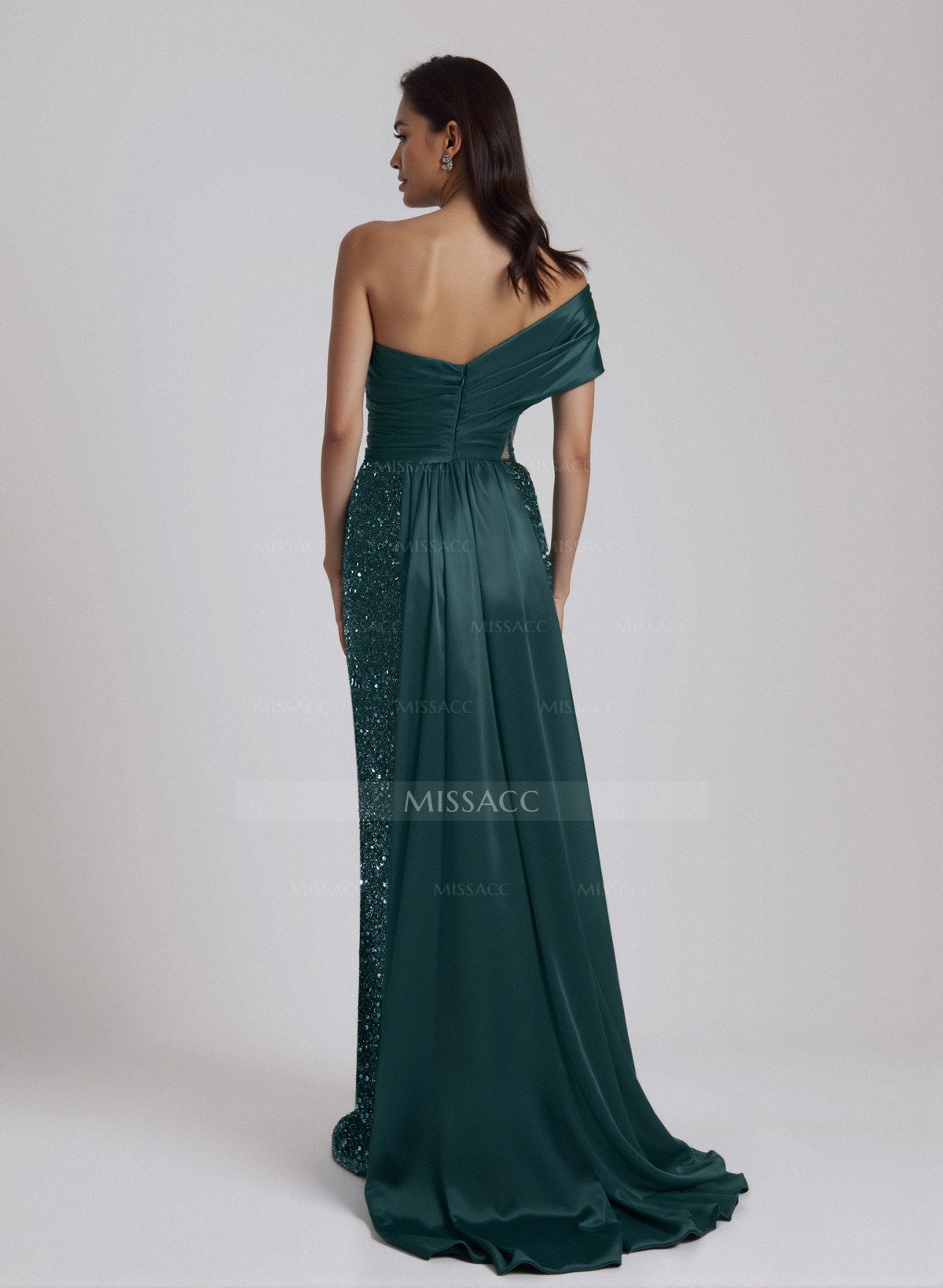 Sparkle Ruched One-Shoulder Illusion Corset Evening Dresses With Sweeping Drape