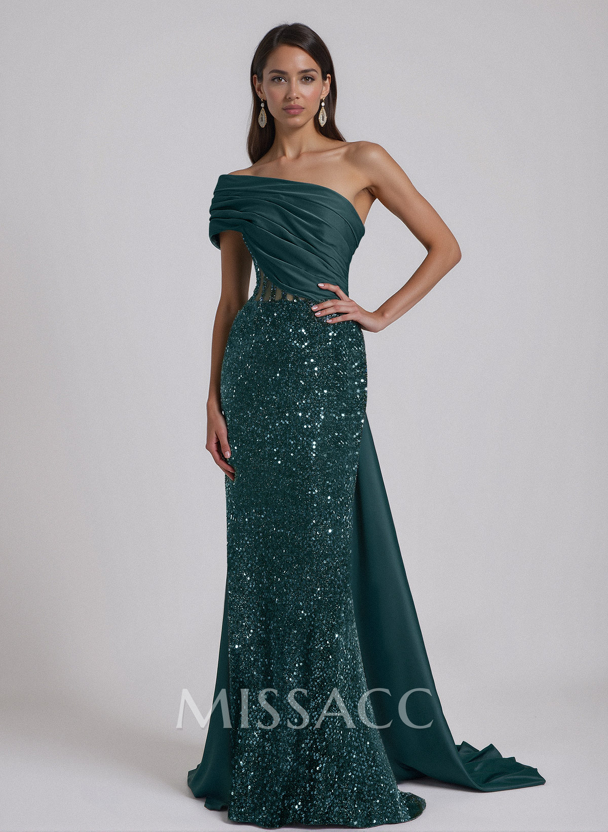 Sparkle Ruched One-Shoulder Illusion Corset Evening Dresses With Sweeping Drape Sparkle Ruched One-Shoulder Illusion Corset Evening Dresses With Sweeping Drape