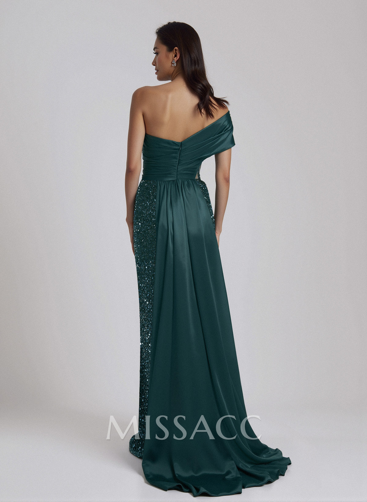 Sparkle Ruched One-Shoulder Illusion Corset Evening Dresses With Sweeping Drape Sparkle Ruched One-Shoulder Illusion Corset Evening Dresses With Sweeping Drape