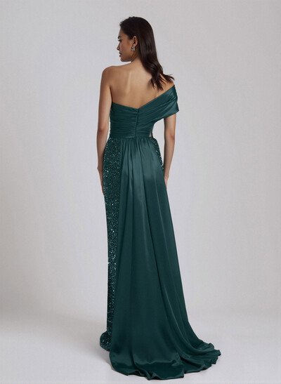 Sparkle Ruched One-Shoulder Illusion Corset Evening Dresses With Sweeping Drape