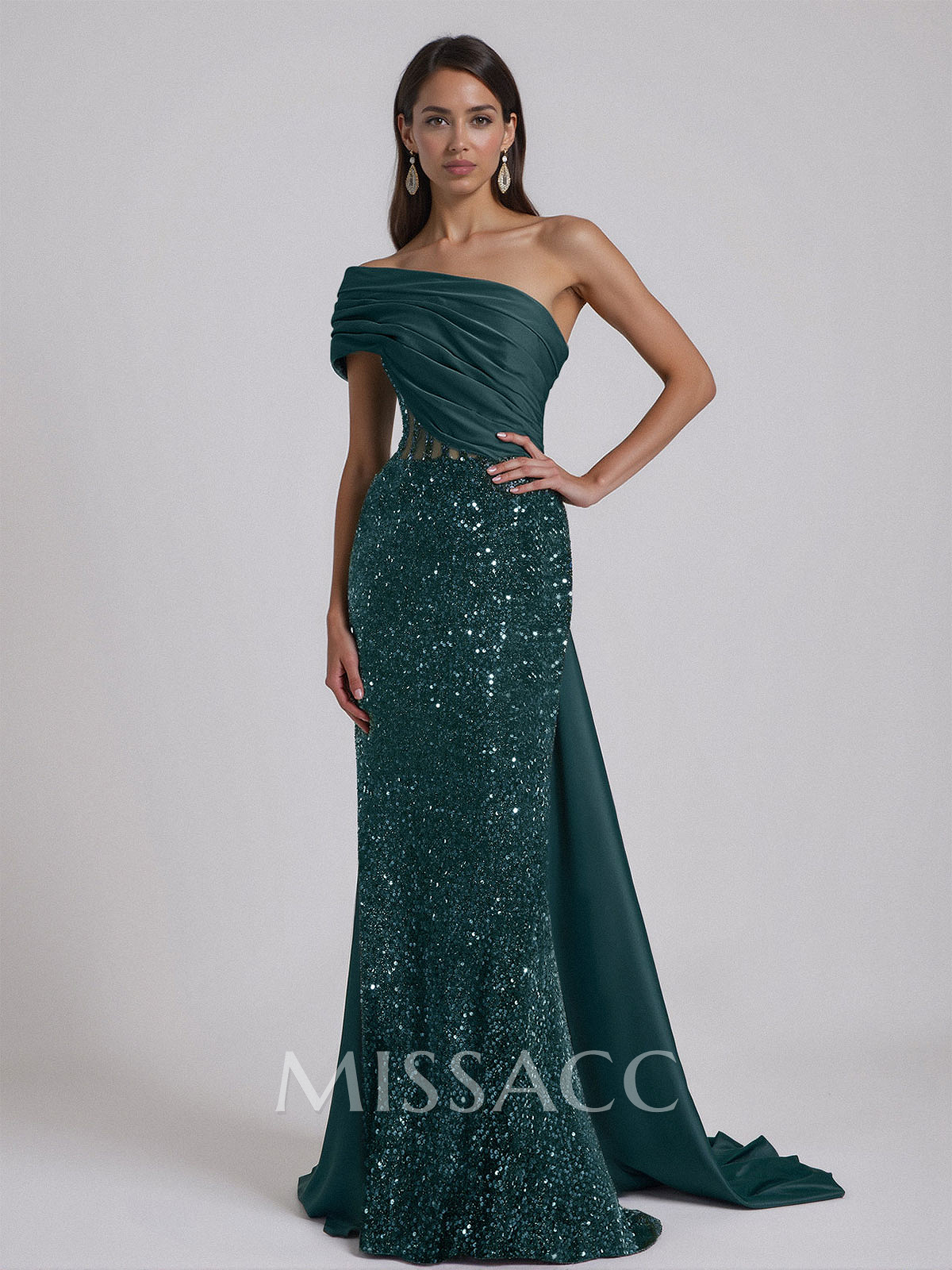 Sparkle Ruched One-Shoulder Illusion Corset Evening Dresses With Sweeping Drape Sparkle Ruched One-Shoulder Illusion Corset Evening Dresses With Sweeping Drape