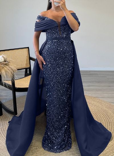 Sheath/Column Off-The-Shoulder Sleeveless Satin Evening Dresses With Sequins