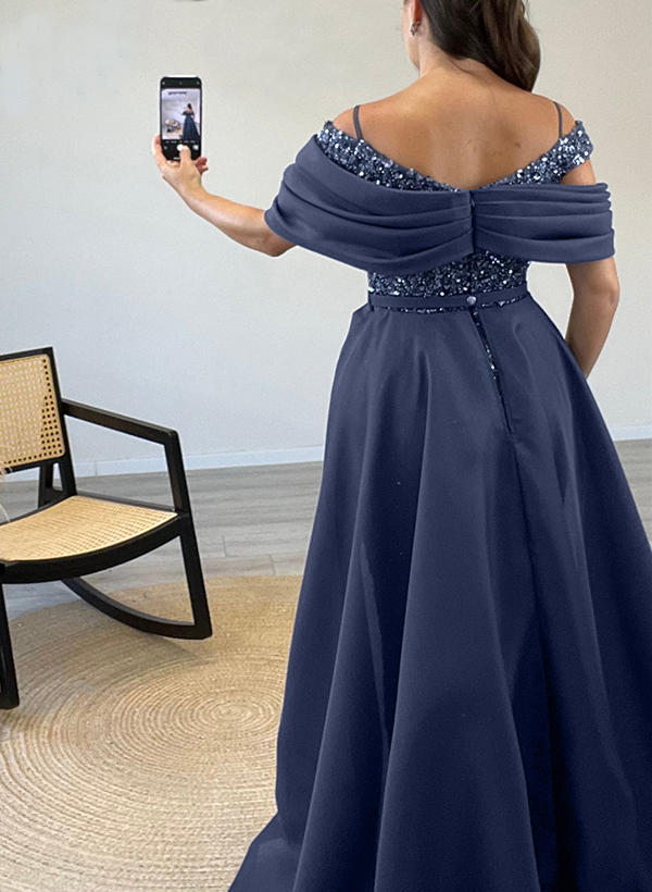 Sheath/Column Off-The-Shoulder Sleeveless Satin Evening Dresses With Sequins