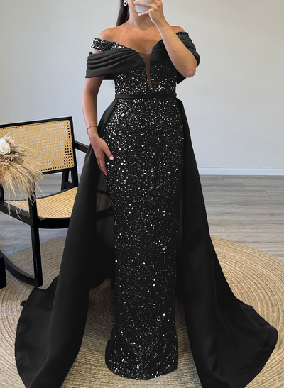 Sheath/Column Off-The-Shoulder Sleeveless Satin Evening Dresses With Sequins