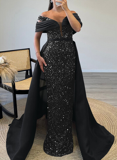 Sheath/Column Off-The-Shoulder Sleeveless Satin Evening Dresses With Sequins