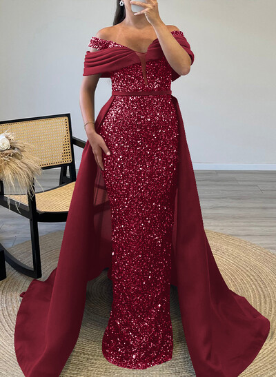 Sheath/Column Off-The-Shoulder Sleeveless Satin Evening Dresses With Sequins