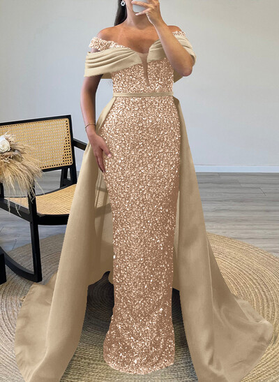 Sheath/Column Off-The-Shoulder Sleeveless Satin Evening Dresses With Sequins