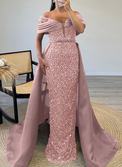 Sheath/Column Off-The-Shoulder Sleeveless Satin Evening Dresses With Sequins