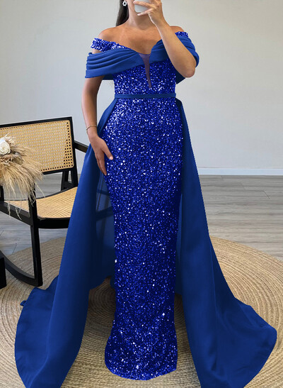 Sheath/Column Off-The-Shoulder Sleeveless Satin Evening Dresses With Sequins