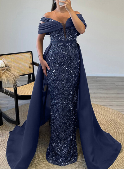 Sheath/Column Off-The-Shoulder Sleeveless Satin Evening Dresses With Sequins