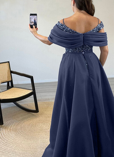 Sheath/Column Off-The-Shoulder Sleeveless Satin Evening Dresses With Sequins