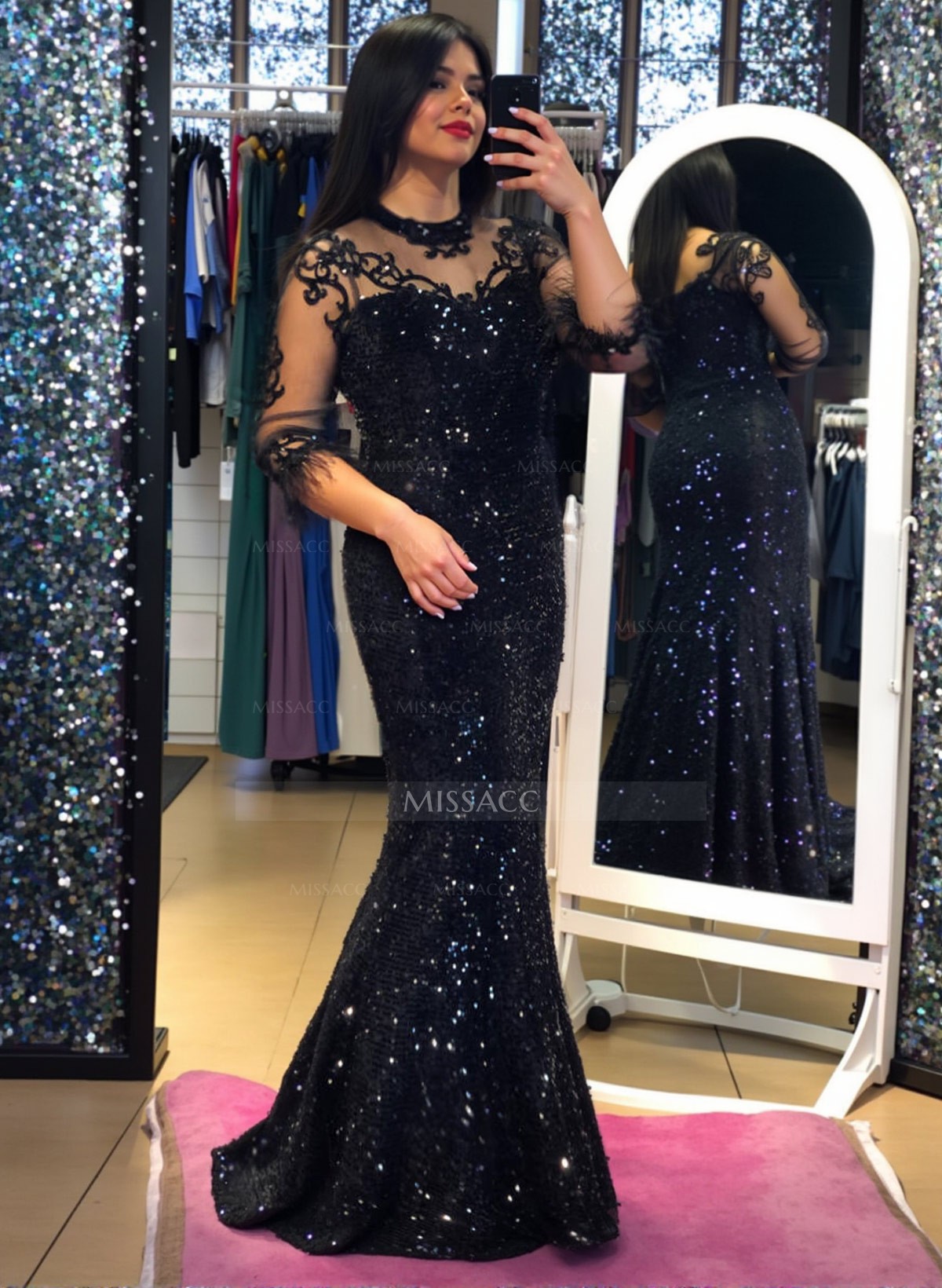 Shiny High Neck Sweep Train Sequined Evening Dresses With Lace