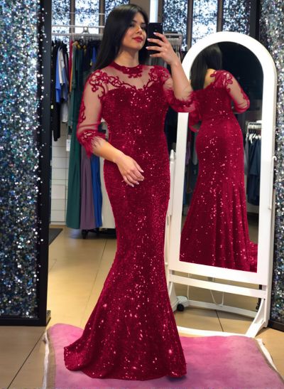 Shiny High Neck Sweep Train Sequined Evening Dresses With Lace