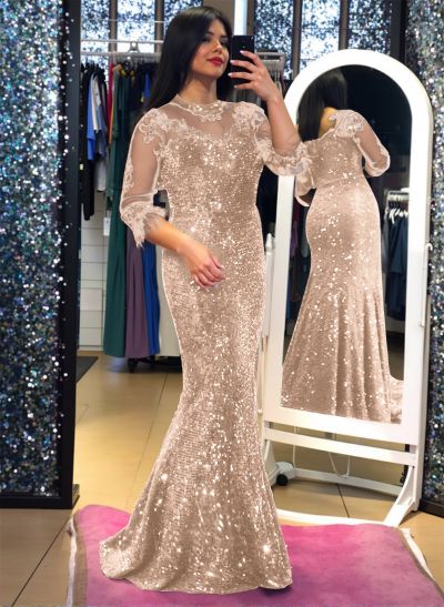 Shiny High Neck Sweep Train Sequined Evening Dresses With Lace