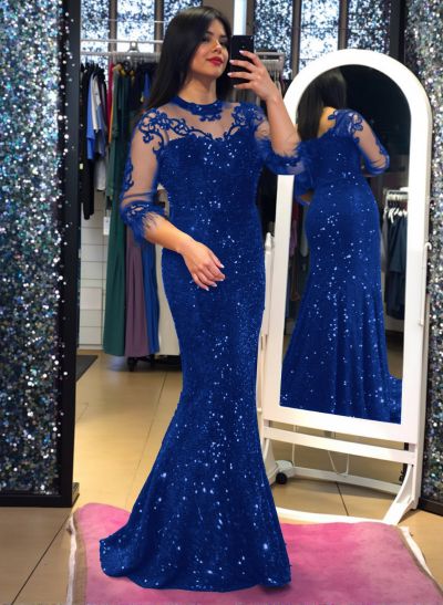 Shiny High Neck Sweep Train Sequined Evening Dresses With Lace