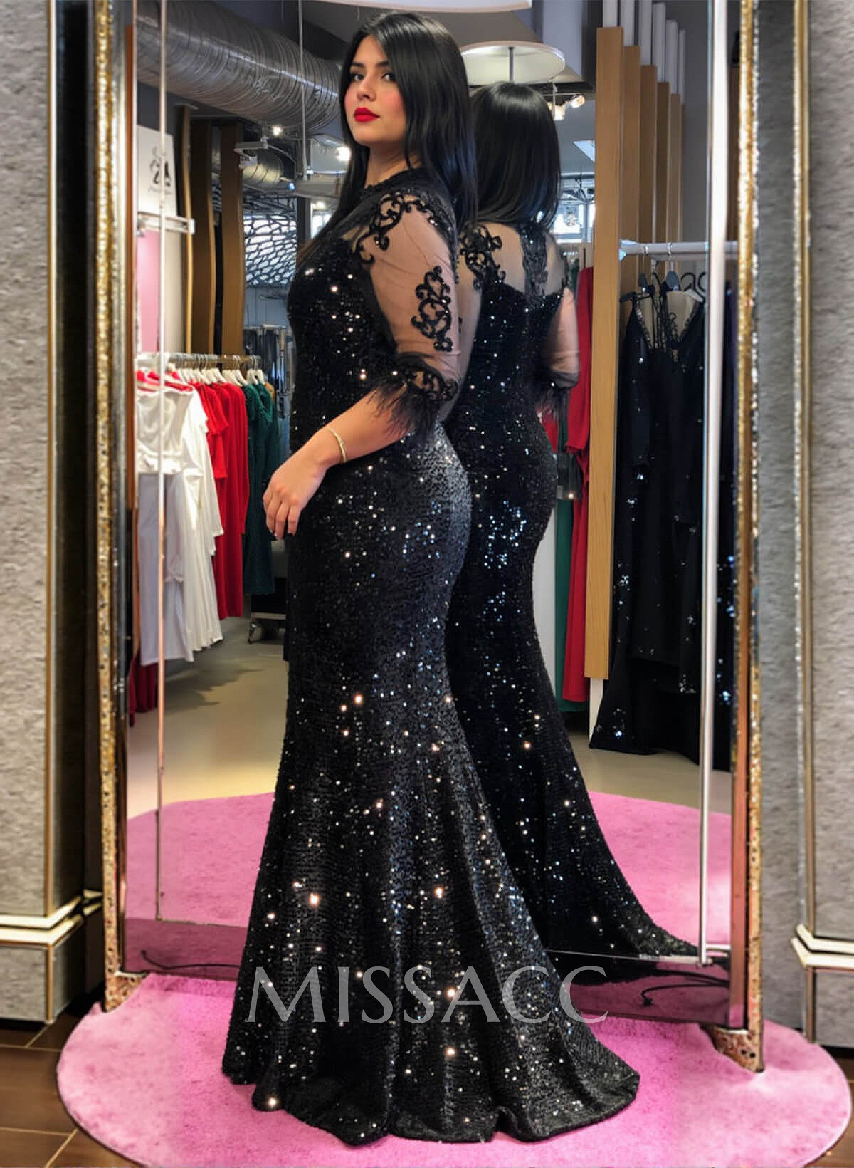 Shiny High Neck Sweep Train Sequined Evening Dresses With Lace