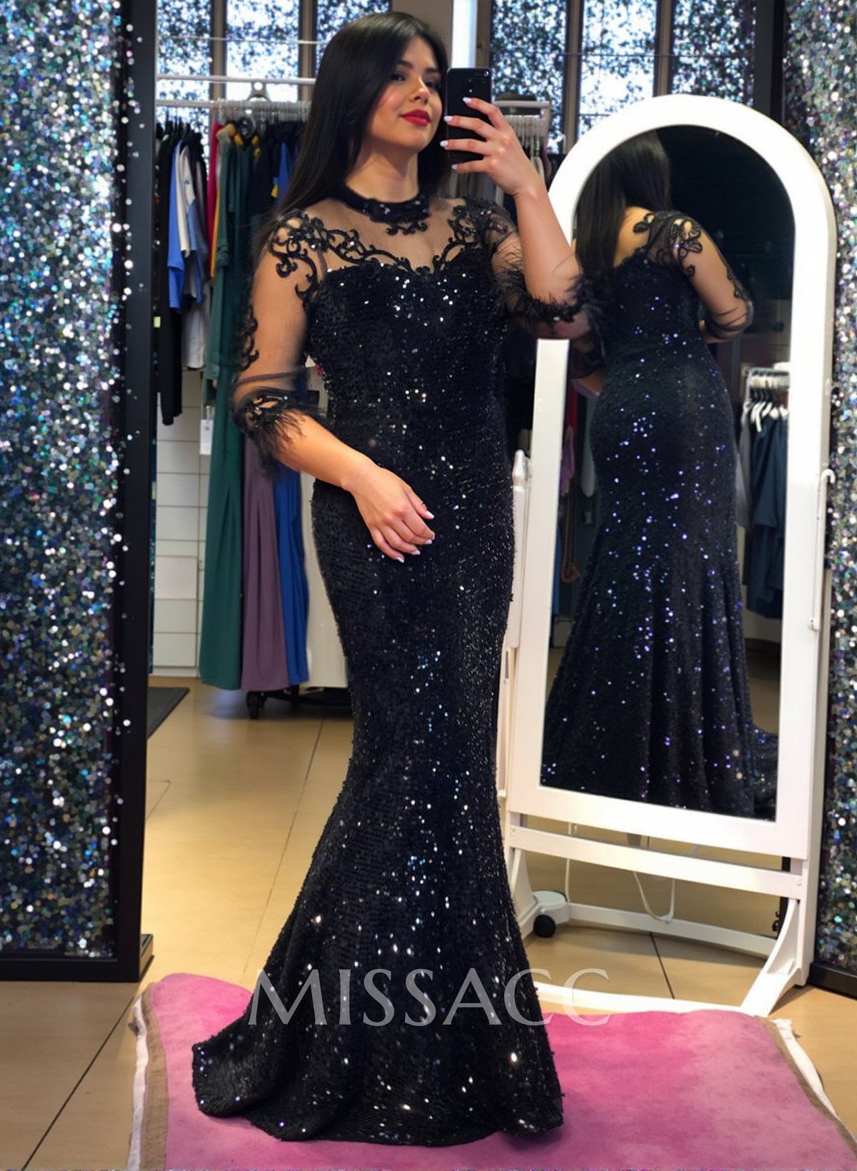 Shiny High Neck Sweep Train Sequined Evening Dresses With Lace