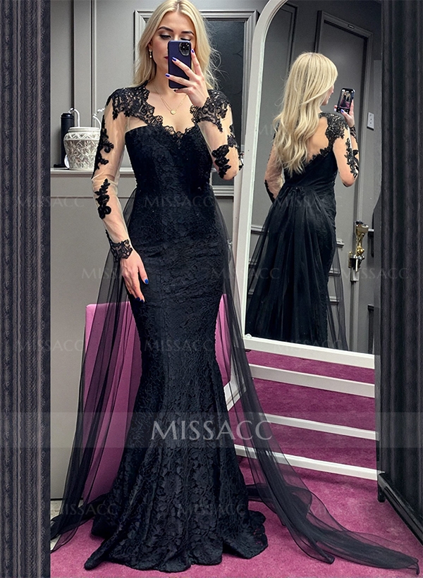 Elegant Trumpet/Mermaid V-Neck Long Sleeves Lace/Tulle Evening Dresses