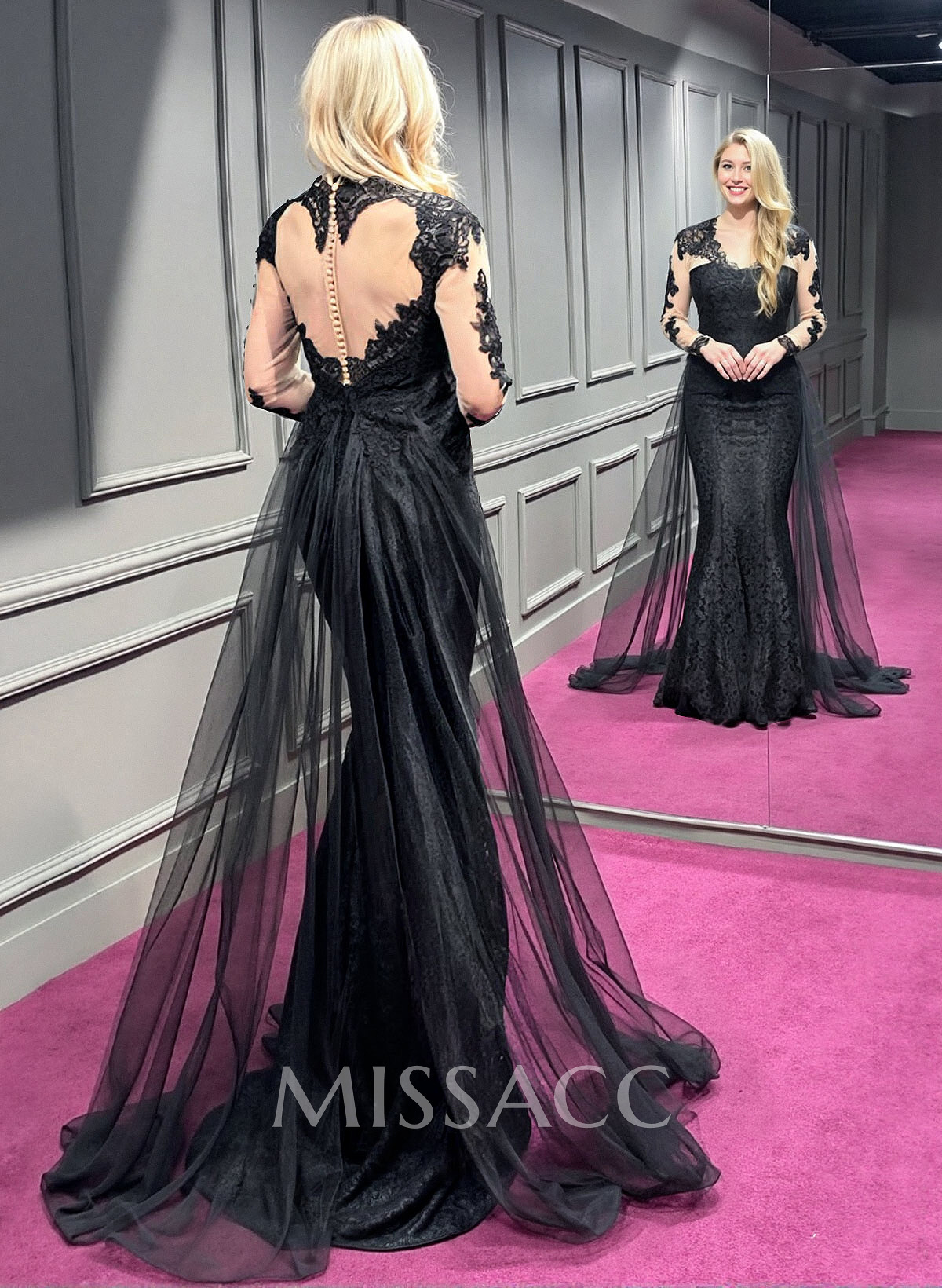 Elegant Trumpet/Mermaid V-Neck Long Sleeves Lace/Tulle Evening Dresses