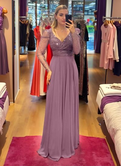 Classic A-Line V-Neck Long Sleeves Chiffon Evening Dresses With Sequins