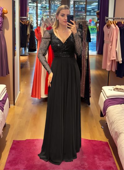 Classic A-Line V-Neck Long Sleeves Chiffon Evening Dresses With Sequins