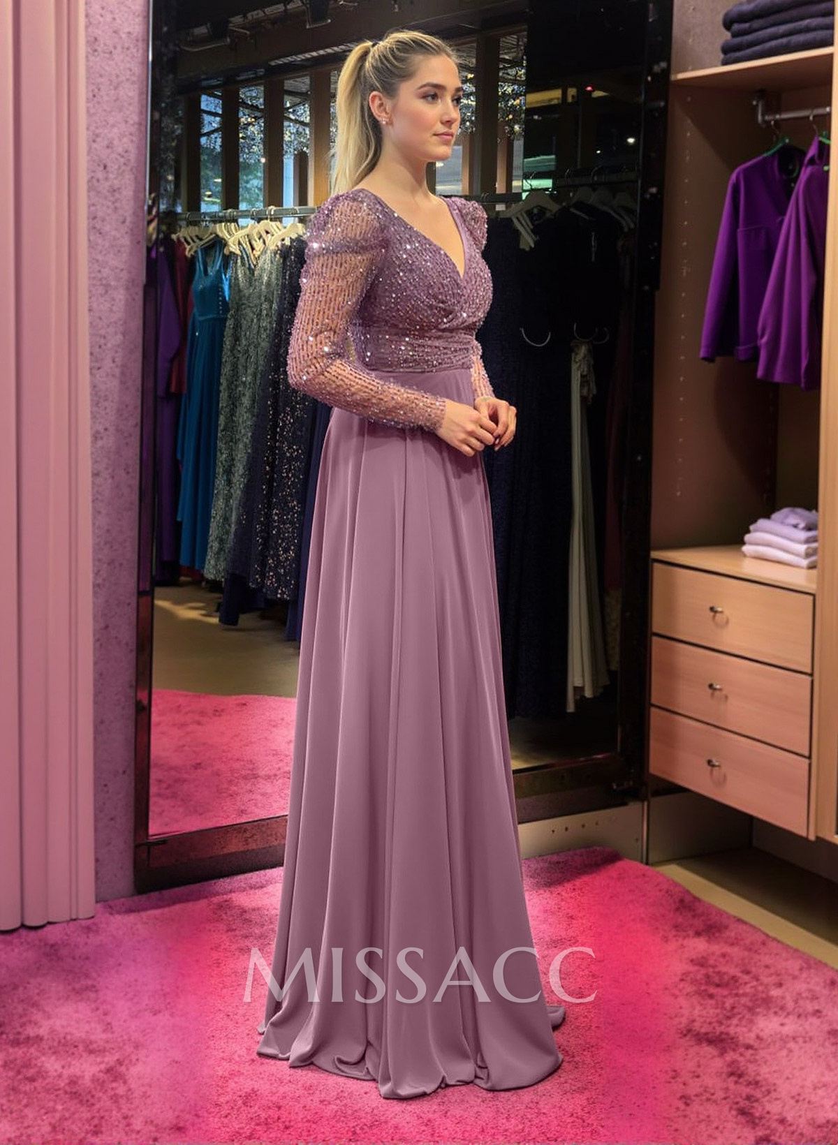 Classic A-Line V-Neck Long Sleeves Chiffon Evening Dresses With Sequins