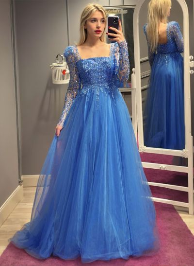 Dreamy A-Line Square Neckline Long Sleeves Tulle Evening Dresses With Sequins