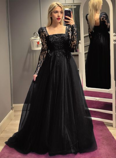 Dreamy A-Line Square Neckline Long Sleeves Tulle Evening Dresses With Sequins