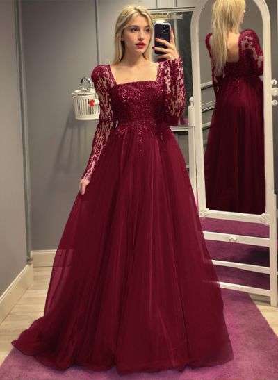 Dreamy A-Line Square Neckline Long Sleeves Tulle Evening Dresses With Sequins