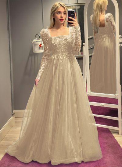 Dreamy A-Line Square Neckline Long Sleeves Tulle Evening Dresses With Sequins