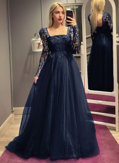 Dreamy A-Line Square Neckline Long Sleeves Tulle Evening Dresses With Sequins