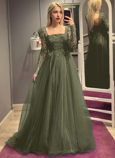 Dreamy A-Line Square Neckline Long Sleeves Tulle Evening Dresses With Sequins