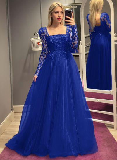Dreamy A-Line Square Neckline Long Sleeves Tulle Evening Dresses With Sequins