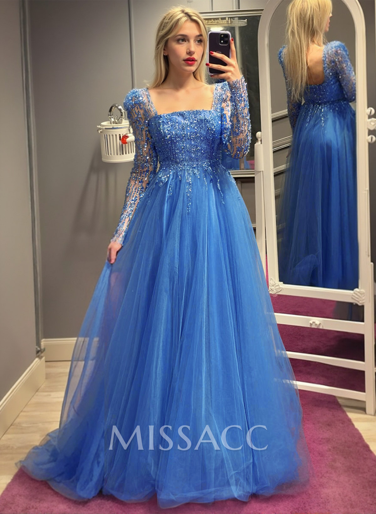 Dreamy A-Line Square Neckline Long Sleeves Tulle Evening Dresses With Sequins