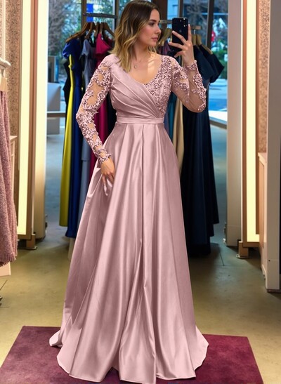 Elegant A-Line Long Sleeves Pleated Satin Evening Dresses With Lace