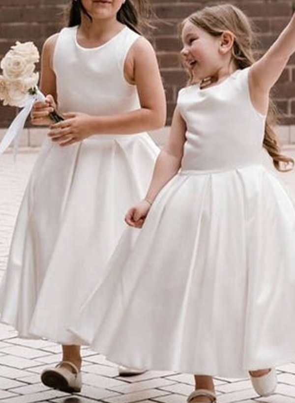 A-Line Scoop Neck Sleeveless Satin Flower Girl Dresses With Bow(s)