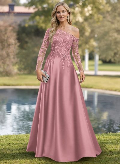 A-Line Asymmetrical Long Sleeves Satin Mother Of The Bride Dresses With Lace