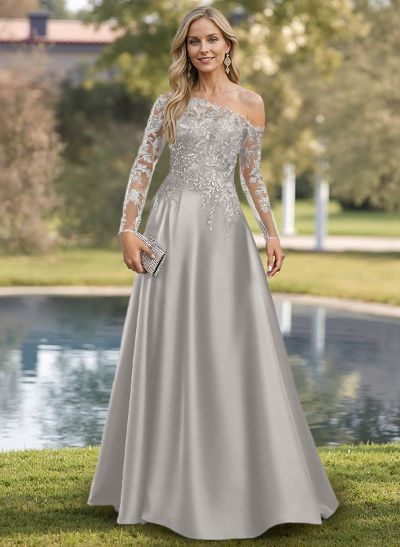 A-Line Asymmetrical Long Sleeves Satin Mother Of The Bride Dresses With Lace