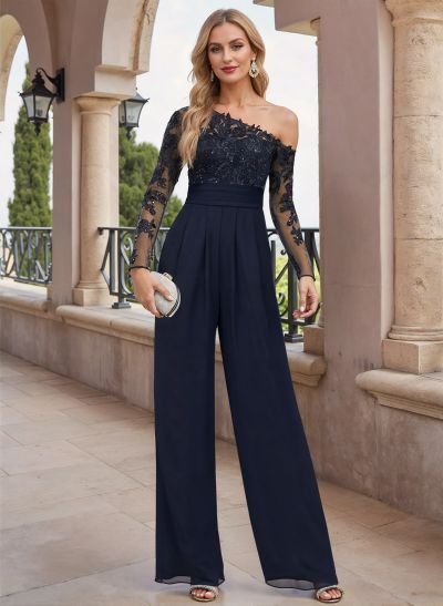 Exquisite Semi Sheer Illusion Lace Applique Sleeves Jumpsuit/Pantsuit Mother Of The Bride Dresses