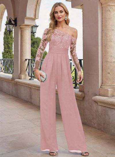 Exquisite Semi Sheer Illusion Lace Applique Sleeves Jumpsuit/Pantsuit Mother Of The Bride Dresses