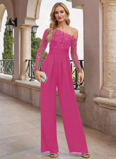 Exquisite Semi Sheer Illusion Lace Applique Sleeves Jumpsuit/Pantsuit Mother Of The Bride Dresses