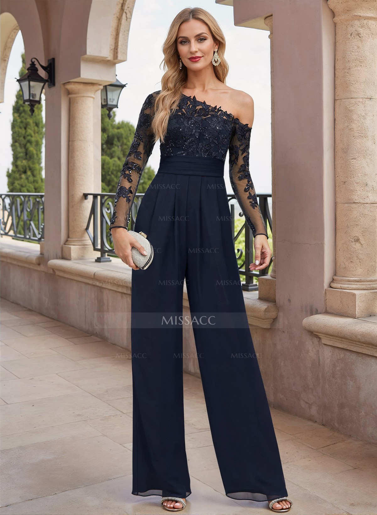 Exquisite Semi Sheer Illusion Lace Applique Sleeves Jumpsuit/Pantsuit Mother Of The Bride Dresses