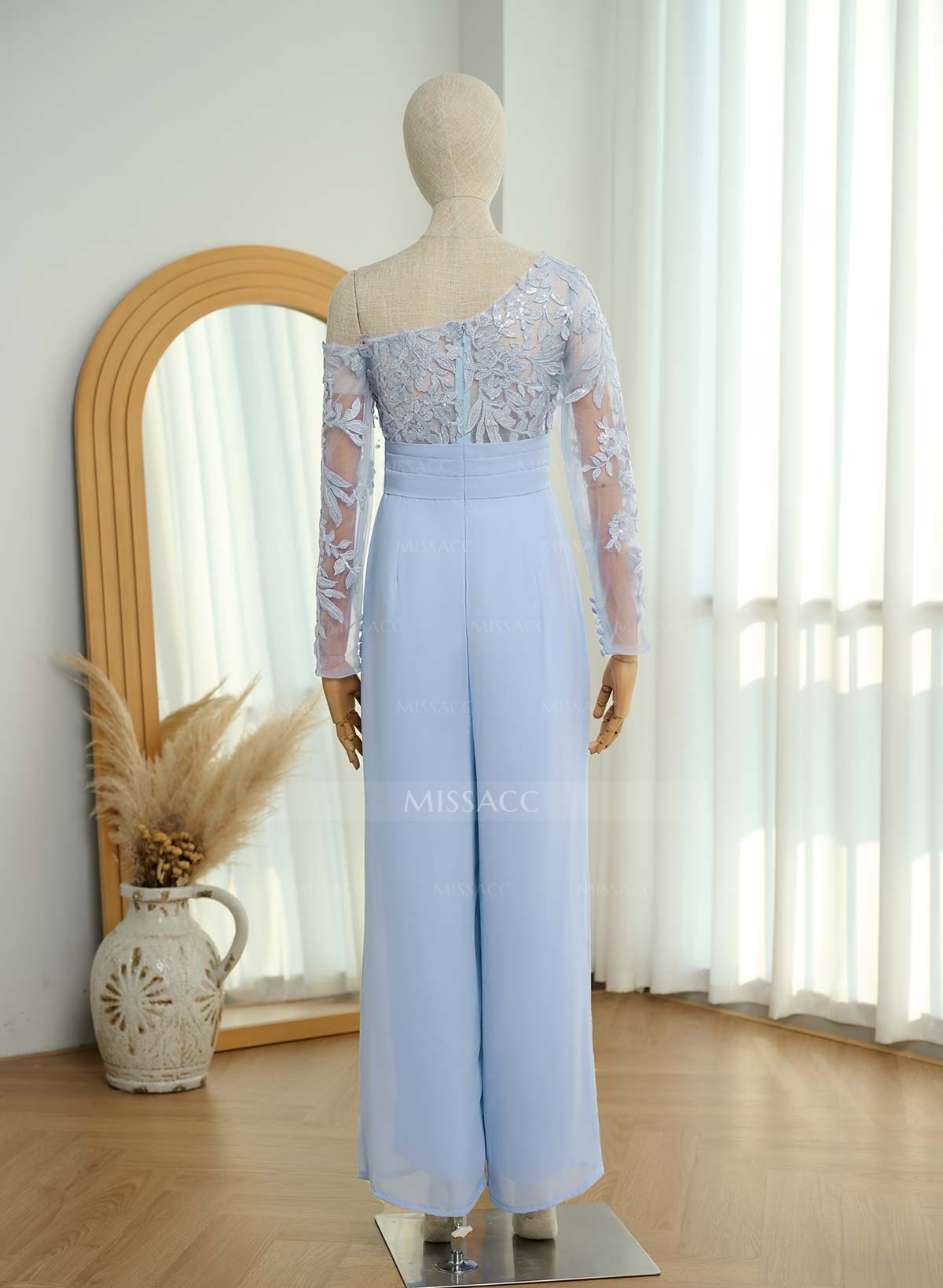 Exquisite Semi Sheer Illusion Lace Applique Sleeves Jumpsuit/Pantsuit Mother Of The Bride Dresses