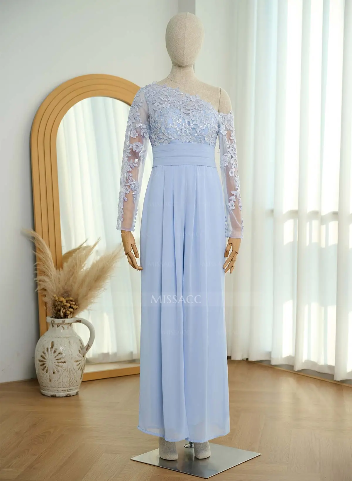 blue sapphire bridesmaid dresses Xandra A-Line Long Sleeves Floor Length Floral Lace Formal Dresses, White main image 1