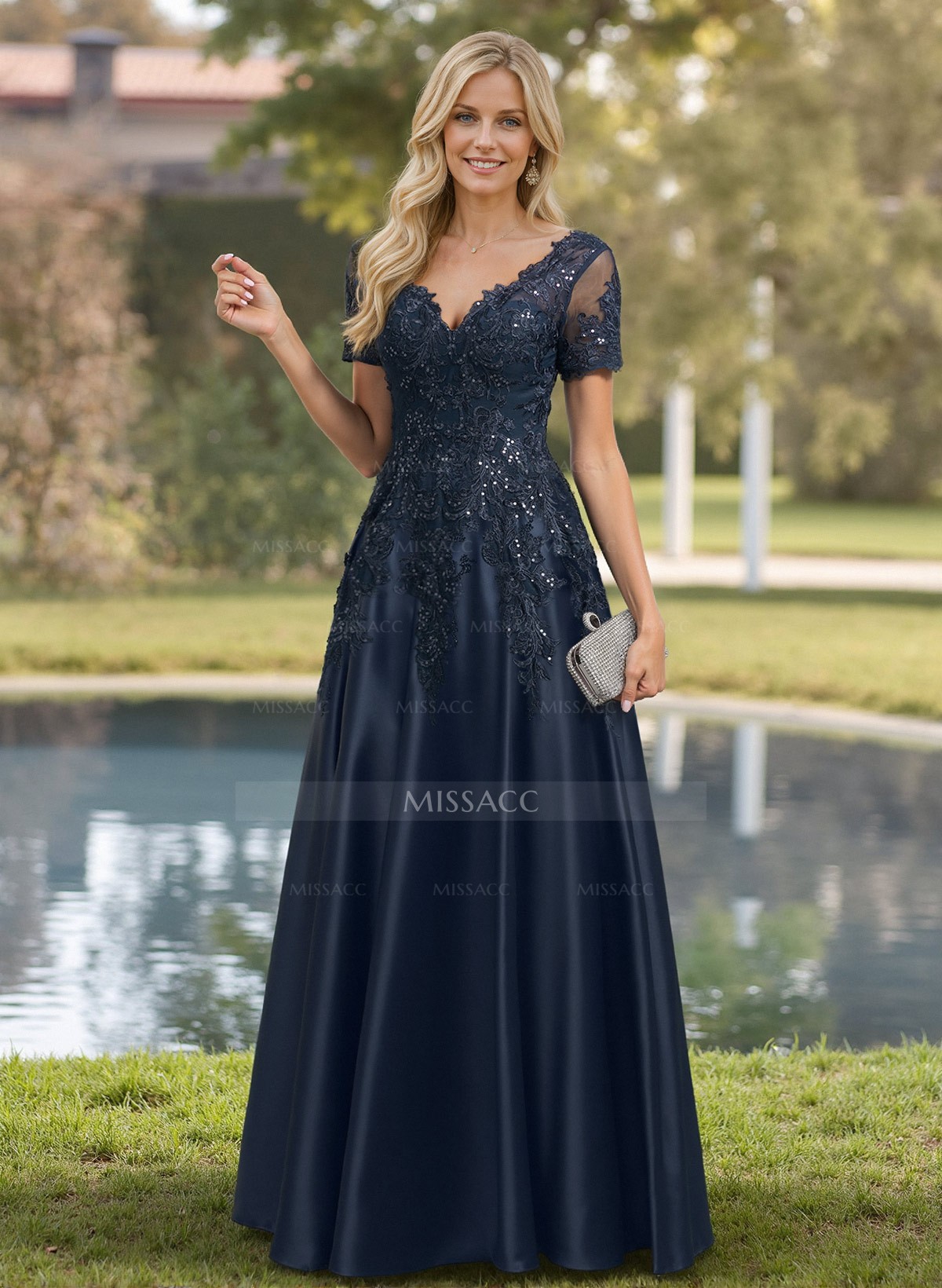 ALine VNeck Short Sleeves Satin Mother Of The Bride Dresses With Lace